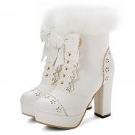 White Lace Crochet Ankle Fur Trim Platforms Block HIgh Heels Lolita Boots Shoes