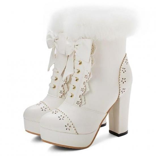 White Lace Crochet Ankle Fur Trim Platforms Block HIgh Heels Lolita Boots Shoes High Heels Zvoof