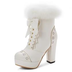 White Lace Crochet Ankle Fur Trim Platforms Block HIgh Heels Lolita Boots Shoes