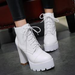 White Lace Up Platforms Block HIgh Heels Chunky Boots Shoes