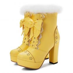 Yellow Lace Crochet Ankle Fur Trim Platforms Block HIgh Heels Lolita Boots Shoes