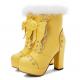 Yellow Lace Crochet Ankle Fur Trim Platforms Block HIgh Heels Lolita Boots Shoes High Heels Zvoof