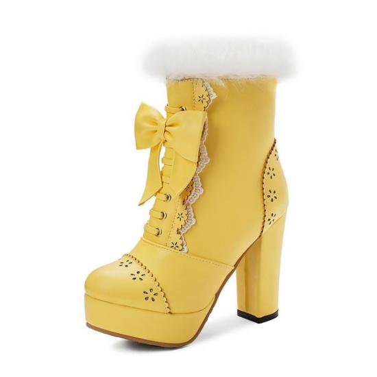 Yellow Lace Crochet Ankle Fur Trim Platforms Block HIgh Heels Lolita Boots Shoes High Heels Zvoof