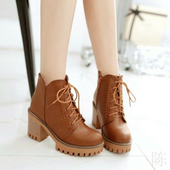 Brown Platforms Cleated Chunky Sole Block HIgh Heels Combat Rider Boots Shoes High Heels Zvoof