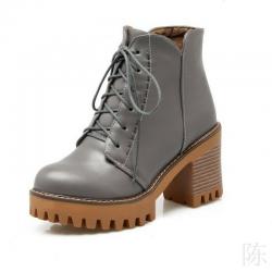 Grey Platforms Cleated Chunky Sole Block HIgh Heels Combat Rider Boots Shoes