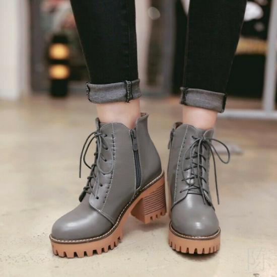 Grey Platforms Cleated Chunky Sole Block HIgh Heels Combat Rider Boots Shoes High Heels Zvoof