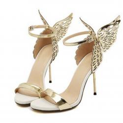 White Gold Angel Wings High Stiletto Heels Evening Party Sandals Shoes