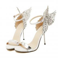 White Silver Angel Wings High Stiletto Heels Evening Party Sandals Shoes