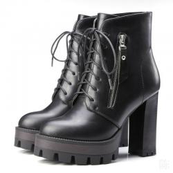 Black Cleated Sole Side Zipper Block HIgh Heels Combat Rider Boots Shoes