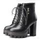 Black Cleated Sole Side Zipper Block HIgh Heels Combat Rider Boots Shoes High Heels Zvoof