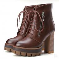 Brown Cleated Sole Side Zipper Block HIgh Heels Combat Rider Boots Shoes