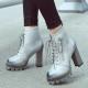 Grey Cleated Sole Side Zipper Block HIgh Heels Combat Rider Boots Shoes High Heels Zvoof