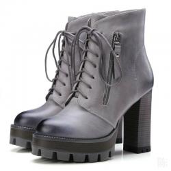 Grey Cleated Sole Side Zipper Block HIgh Heels Combat Rider Boots Shoes