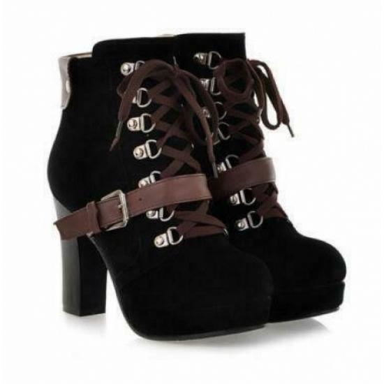 Black Suede Brown Lace Up Ankle Platforms High Heels Lolita Boots Booties High Heels Zvoof