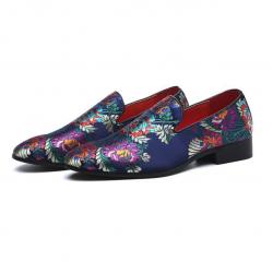 Blue Satin Flowers Mens Business Prom Loafers Dress Shoes