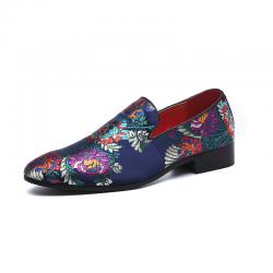 Blue Satin Flowers Mens Business Prom Loafers Dress Shoes